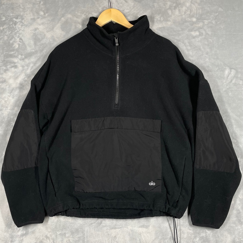 Alo Yoga Mens Black 1/4 Zip Fleece Pullover Elbow Patch Mock Neck Large
